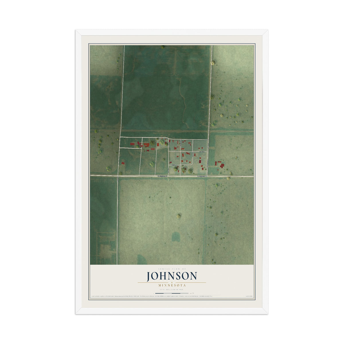 Map of Johnson, Minnesota, 12 x 18 inch print in a white wood frame