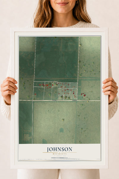 Map of Johnson, Minnesota, 18 x 24 inch print in a white wood frame