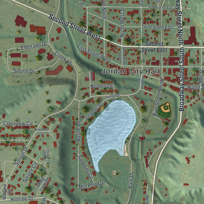 Second close-up of the map of Jordan, Minnesota print showing more streets and buildings