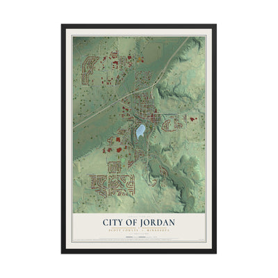 Map of Jordan, Minnesota, 12 x 18 inch print in a black wood frame