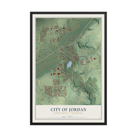 Map of Jordan, Minnesota, 12 x 18 inch print in a black wood frame