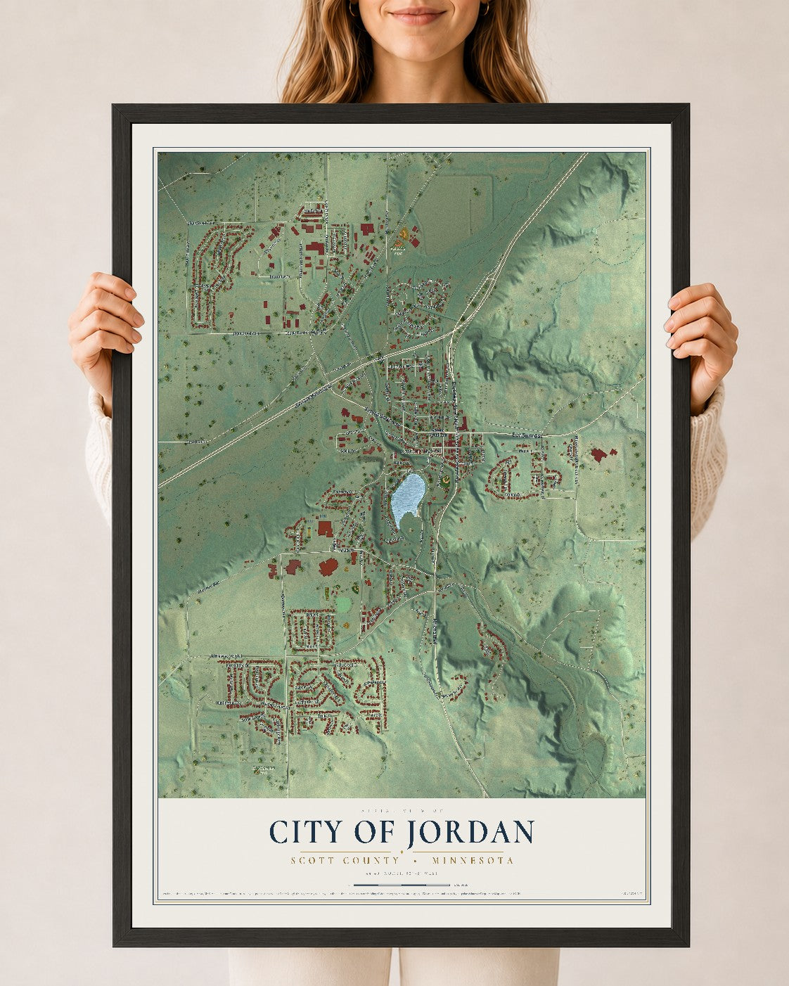 Map of Jordan, Minnesota, 24 x 36 inch print in a black wood frame