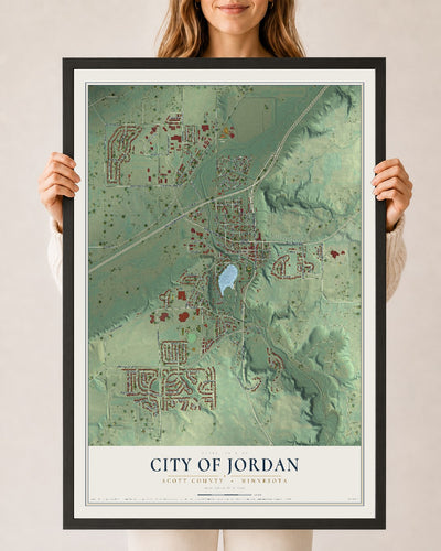 Map of Jordan, Minnesota, 24 x 36 inch print in a black wood frame