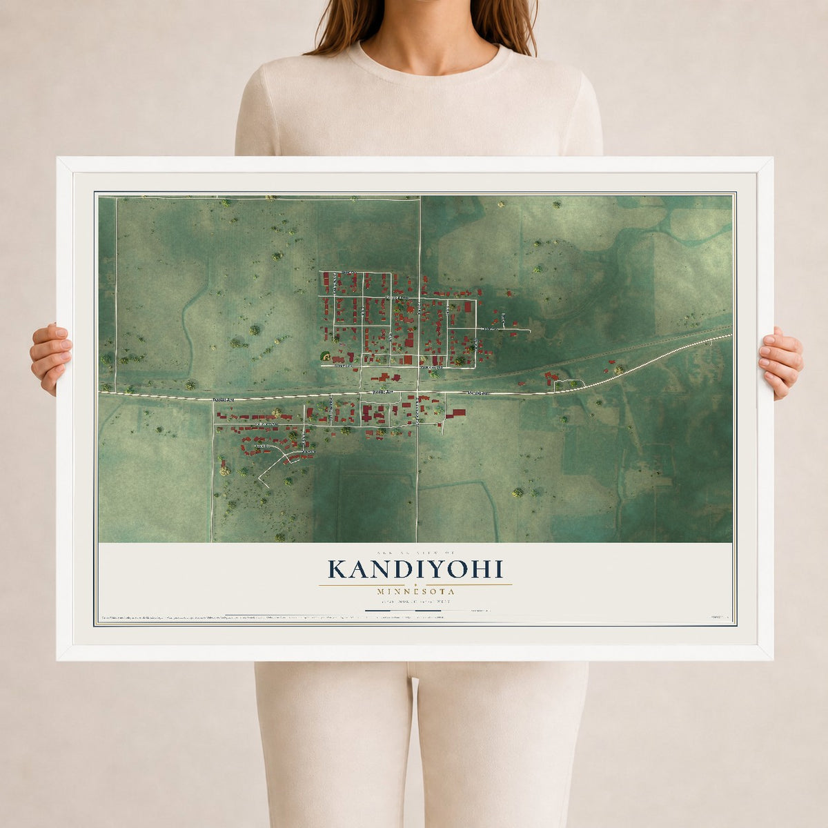Map of Kandiyohi, Minnesota, 24 x 36 inch print in a white wood frame
