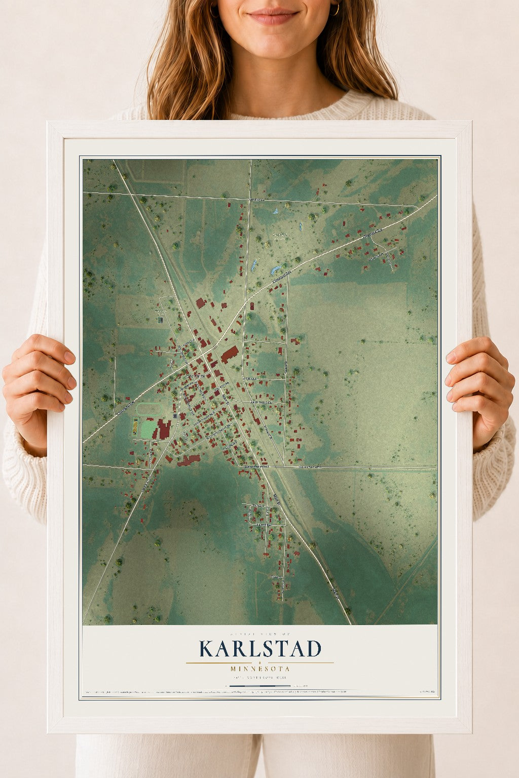 Map of Karlstad, Minnesota, 18 x 24 inch print in a white wood frame
