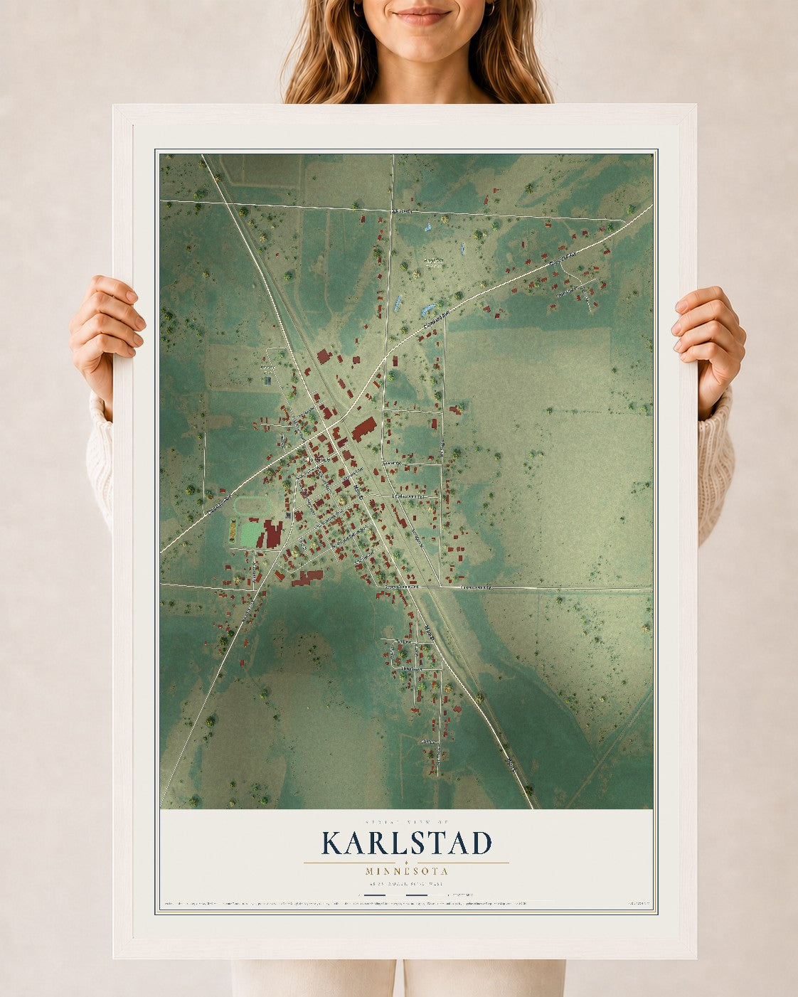 Map of Karlstad, Minnesota, 24 x 36 inch print in a white wood frame