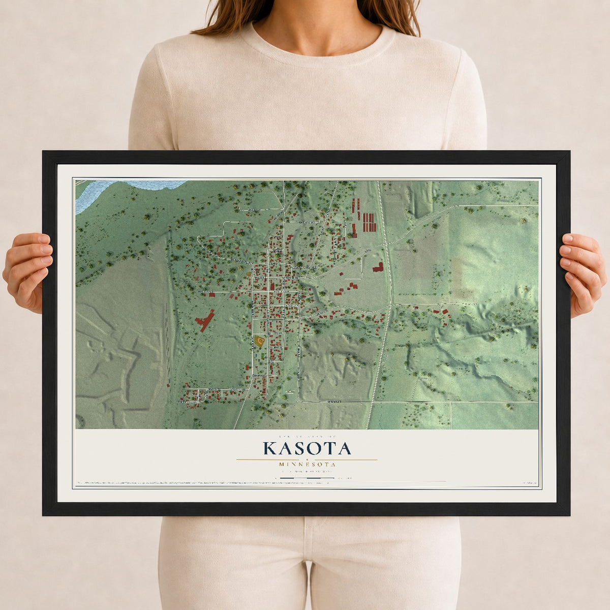Map of Kasota, Minnesota, 12 x 18 inch print in a black wood frame