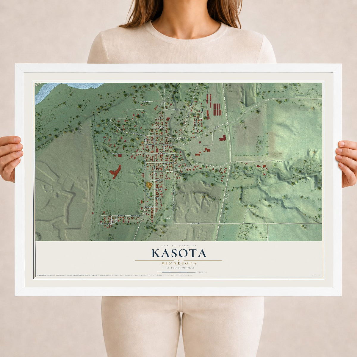 Map of Kasota, Minnesota, 18 x 24 inch print in a white wood frame