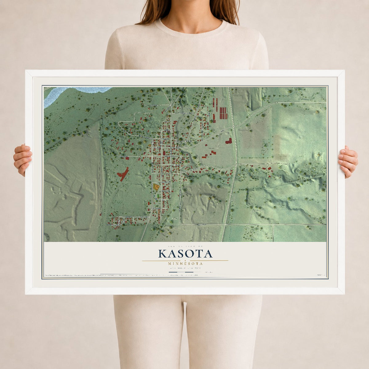 Map of Kasota, Minnesota, 24 x 36 inch print in a white wood frame