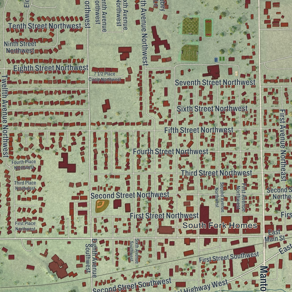 Close-up of the map of Kasson, Minnesota print showing street and building detail