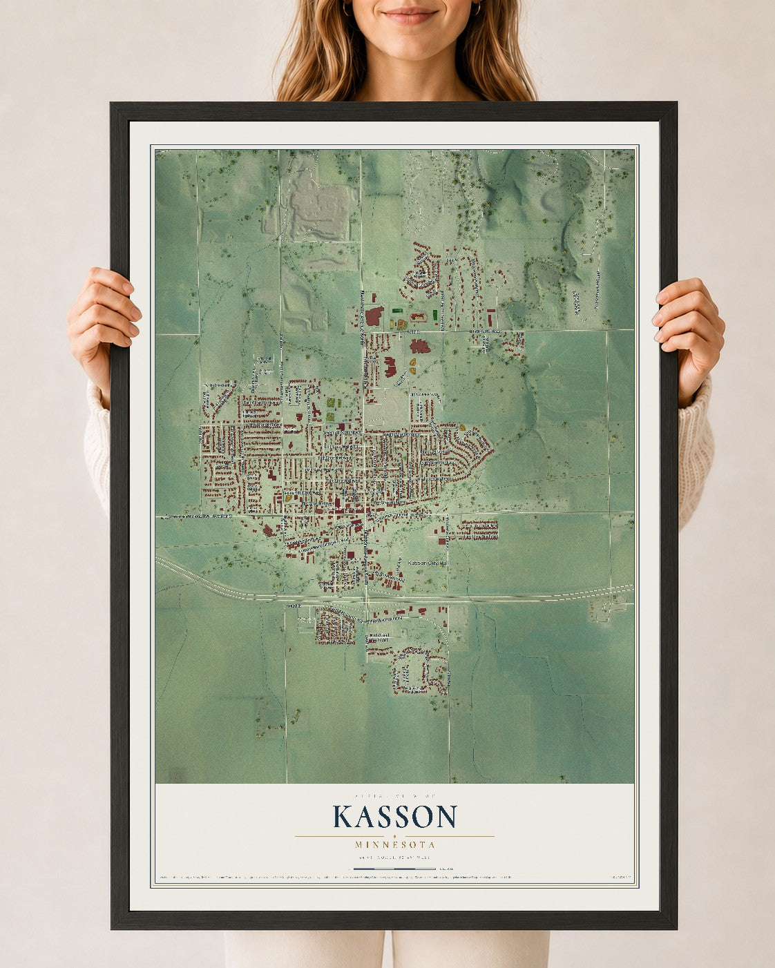 Map of Kasson, Minnesota, 24 x 36 inch print in a black wood frame