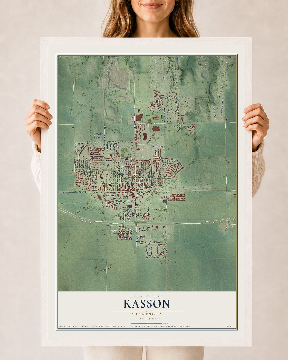 Map of Kasson, Minnesota, 24 x 36 inch print in a white wood frame