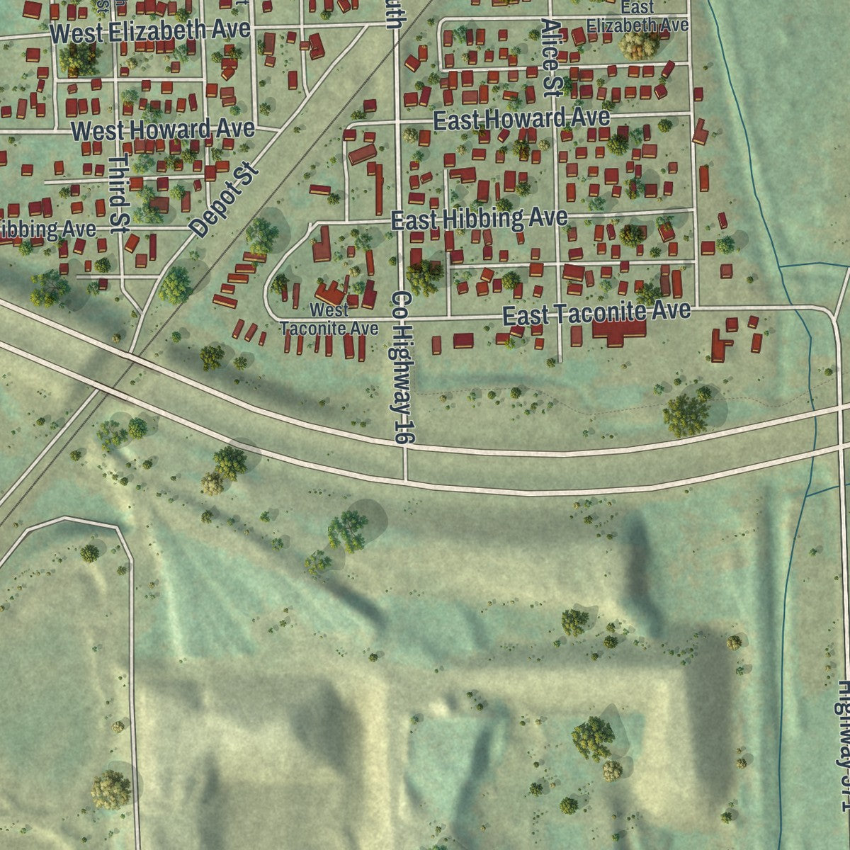 Second close-up of the map of Keewatin, Minnesota print showing more streets and buildings