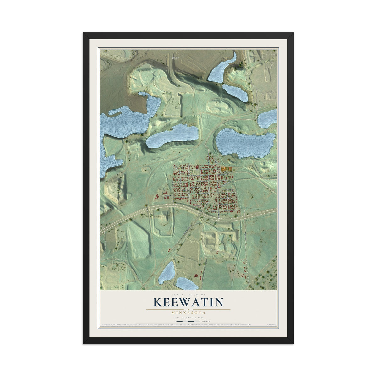 Map of Keewatin, Minnesota, 12 x 18 inch print in a black wood frame