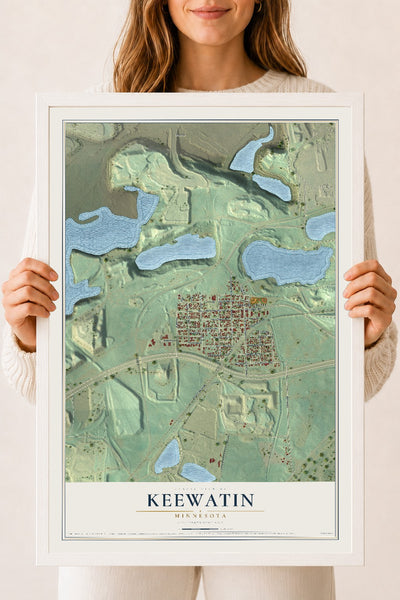 Map of Keewatin, Minnesota, 18 x 24 inch print in a white wood frame