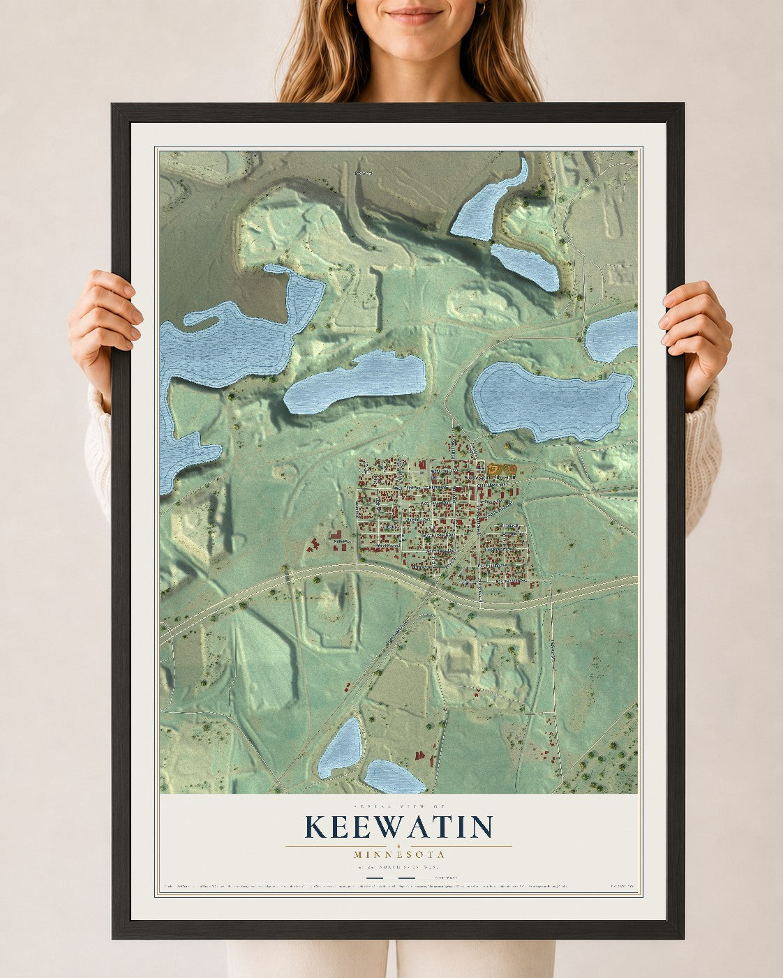 Map of Keewatin, Minnesota, 24 x 36 inch print in a black wood frame