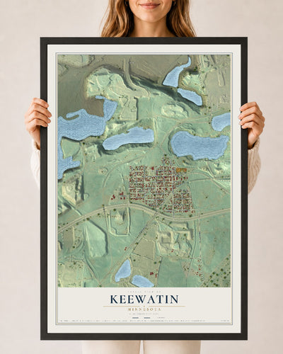Map of Keewatin, Minnesota, 24 x 36 inch print in a black wood frame