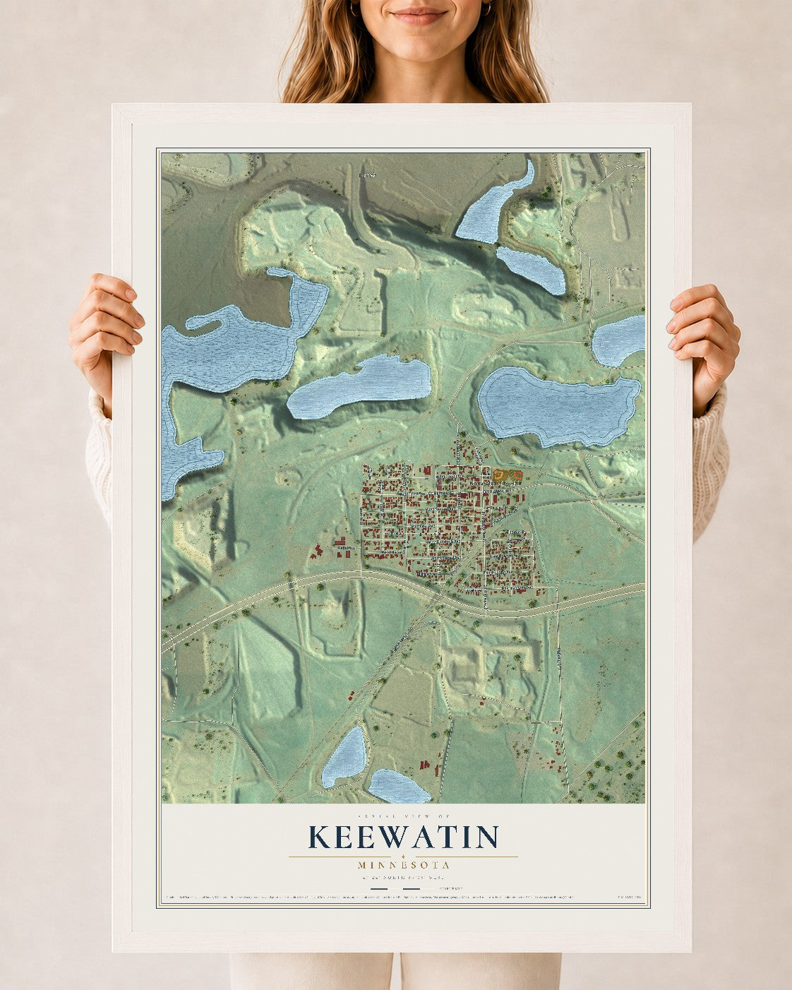 Map of Keewatin, Minnesota, 24 x 36 inch print in a white wood frame