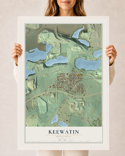 Map of Keewatin, Minnesota, 24 x 36 inch print in a white wood frame