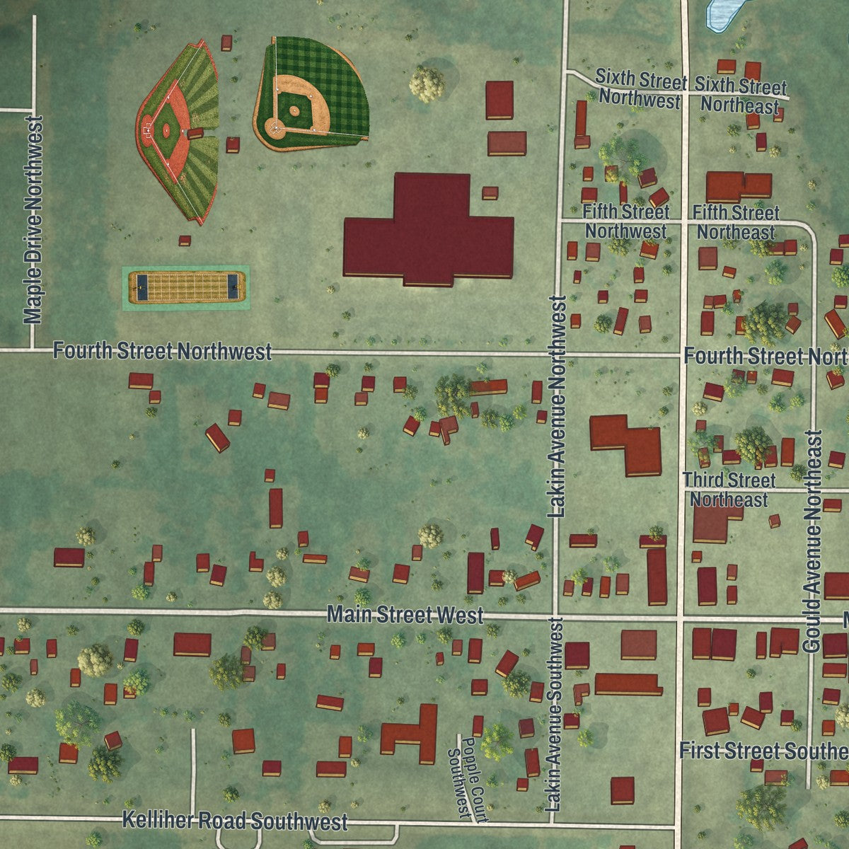 Close-up of the map of Kelliher, Minnesota print showing street and building detail