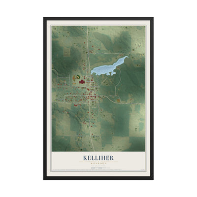 Map of Kelliher, Minnesota, 12 x 18 inch print in a black wood frame