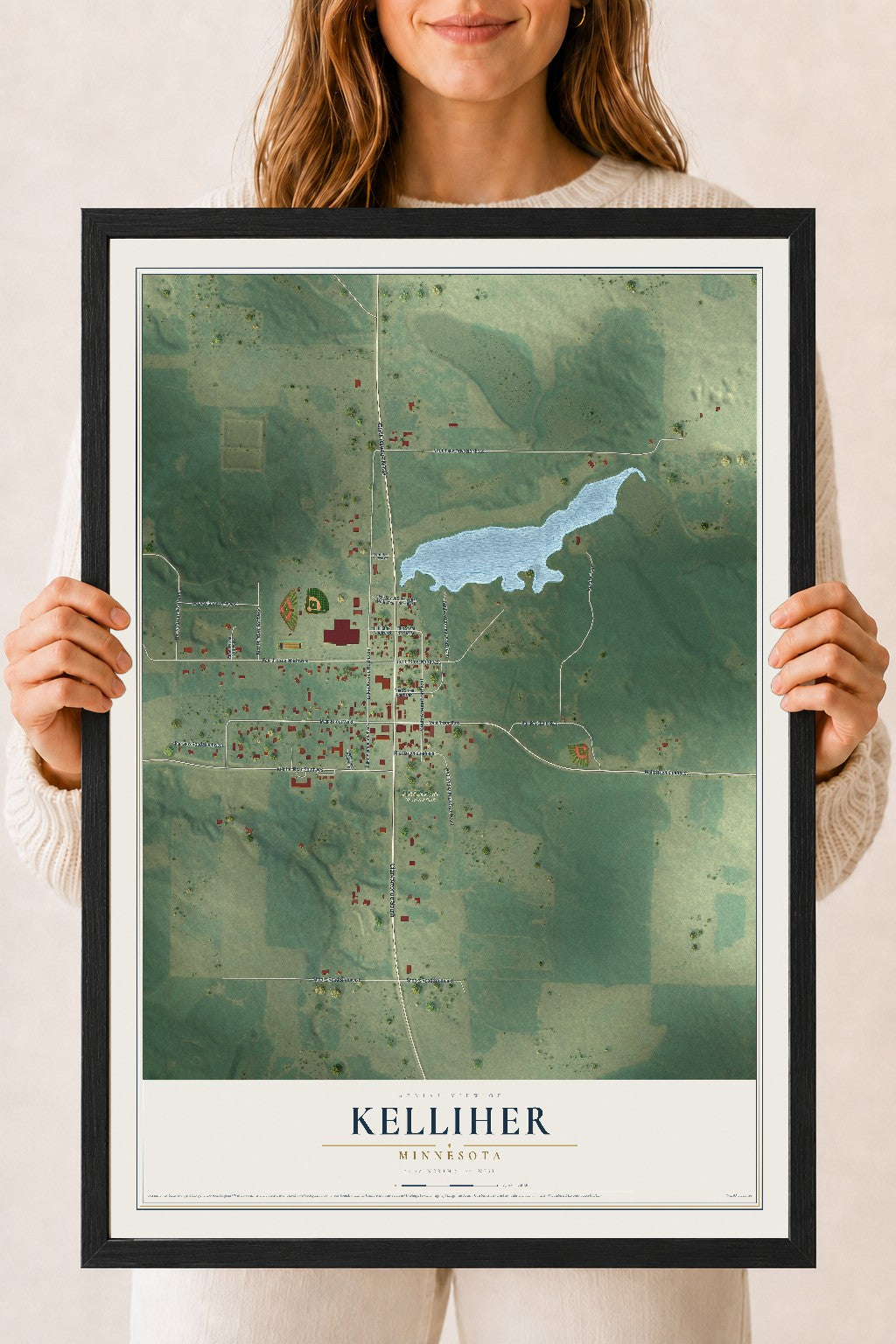 Map of Kelliher, Minnesota, 18 x 24 inch print in a black wood frame