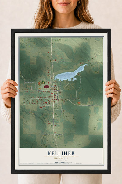 Map of Kelliher, Minnesota, 18 x 24 inch print in a black wood frame