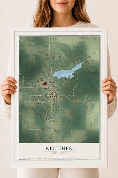 Map of Kelliher, Minnesota, 18 x 24 inch print in a white wood frame