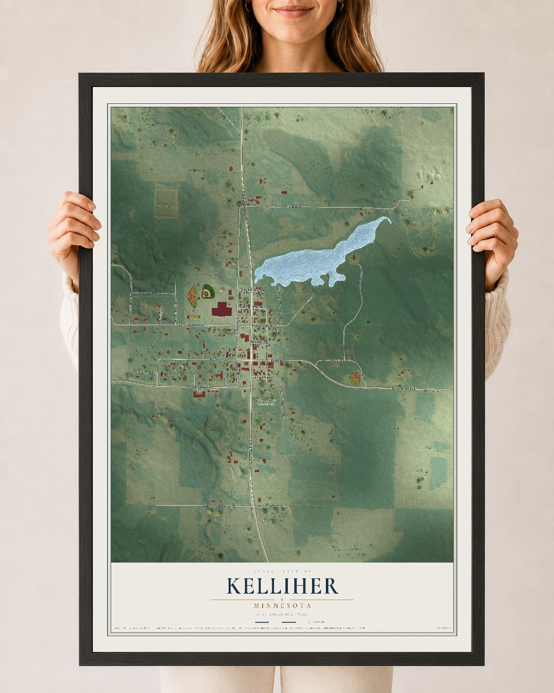 Map of Kelliher, Minnesota, 24 x 36 inch print in a black wood frame