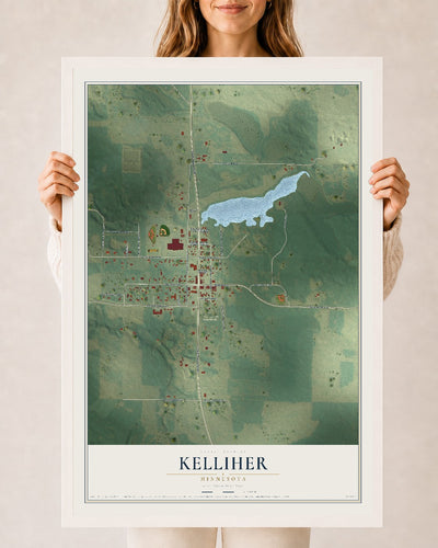 Map of Kelliher, Minnesota, 24 x 36 inch print in a white wood frame