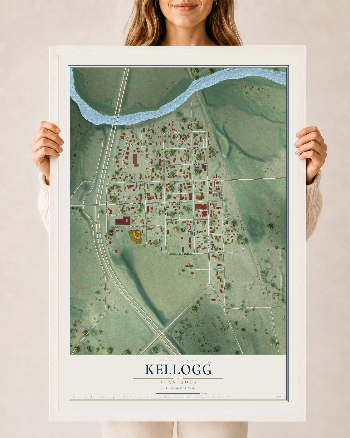 Map of Kellogg, Minnesota, 24 x 36 inch print in a white wood frame