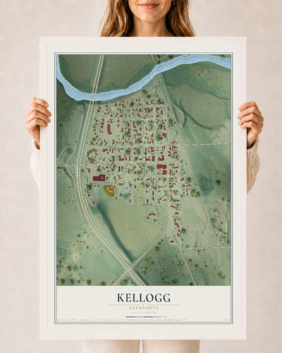 Map of Kellogg, Minnesota, 24 x 36 inch print in a white wood frame
