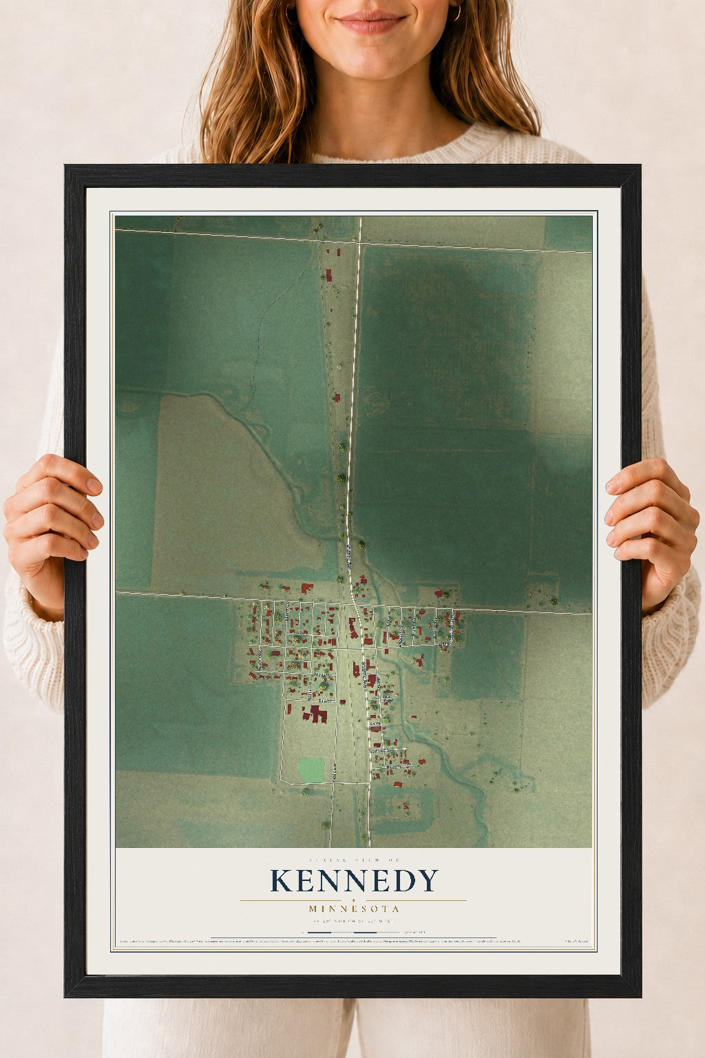 Map of Kennedy, Minnesota, 18 x 24 inch print in a black wood frame
