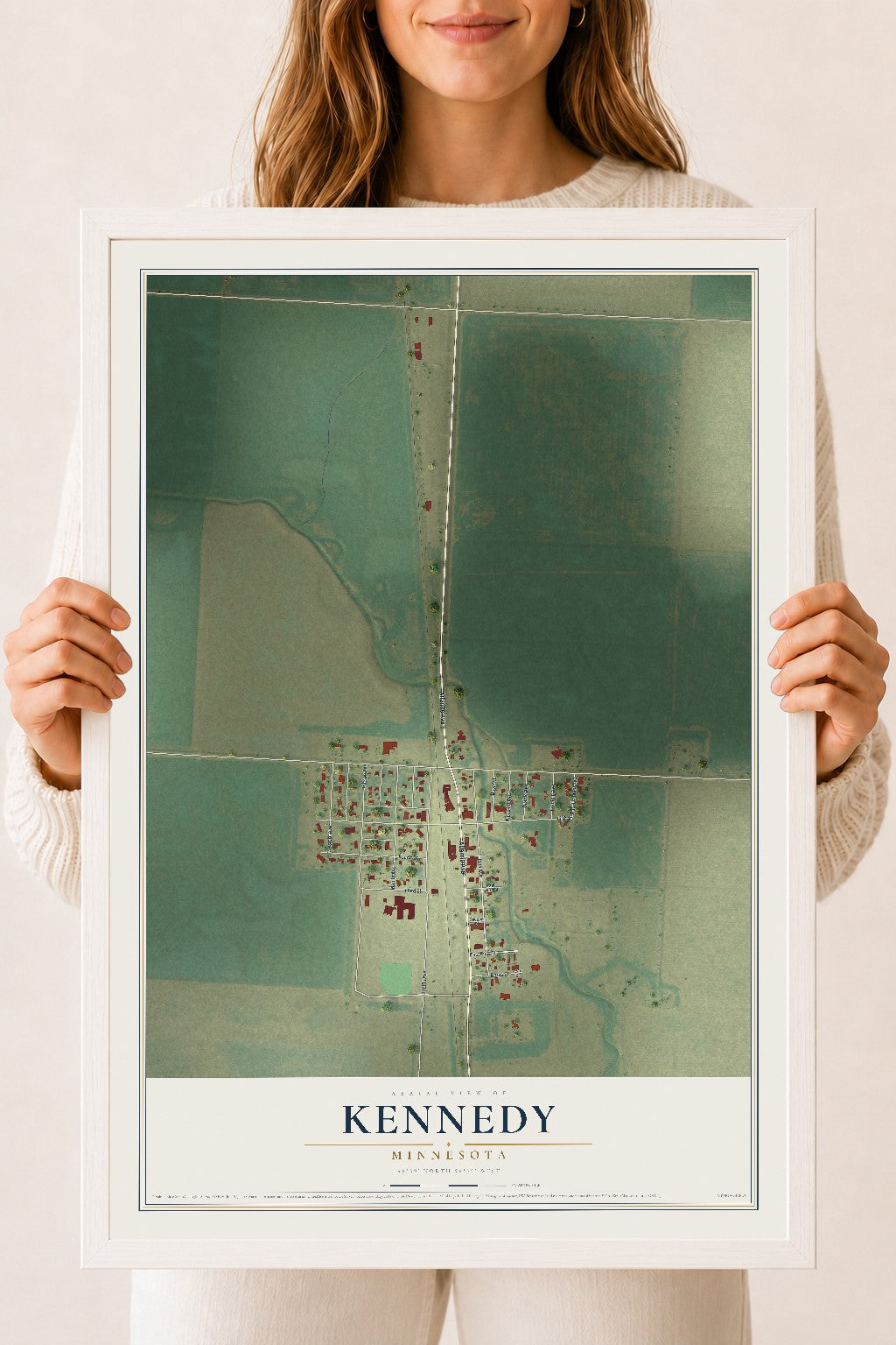 Map of Kennedy, Minnesota, 18 x 24 inch print in a white wood frame