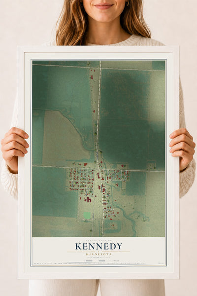 Map of Kennedy, Minnesota, 18 x 24 inch print in a white wood frame