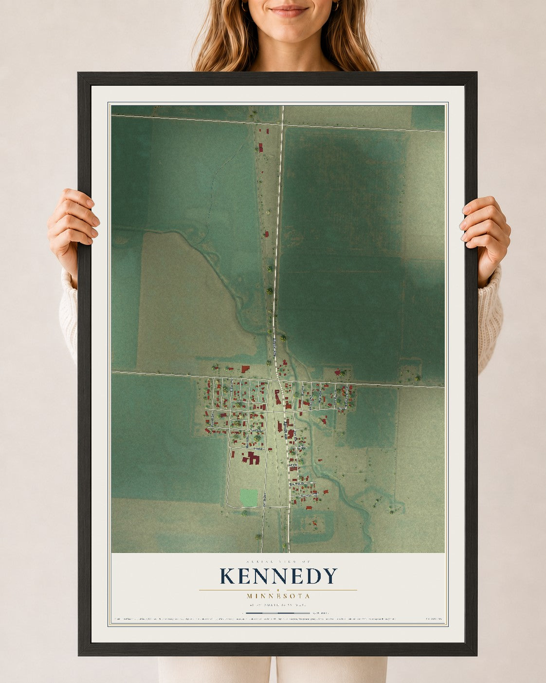 Map of Kennedy, Minnesota, 24 x 36 inch print in a black wood frame