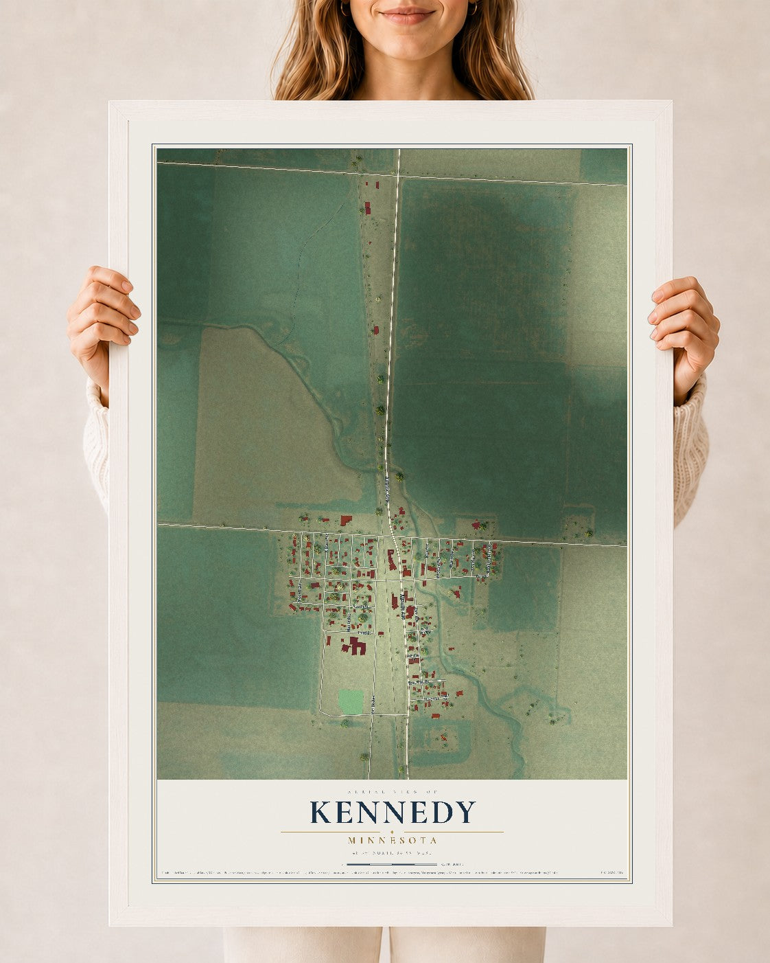 Map of Kennedy, Minnesota, 24 x 36 inch print in a white wood frame