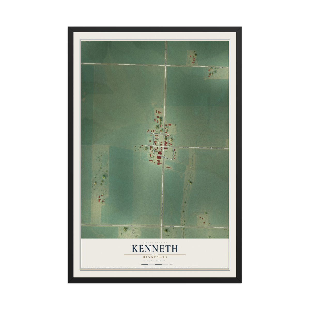Map of Kenneth, Minnesota, 12 x 18 inch print in a black wood frame