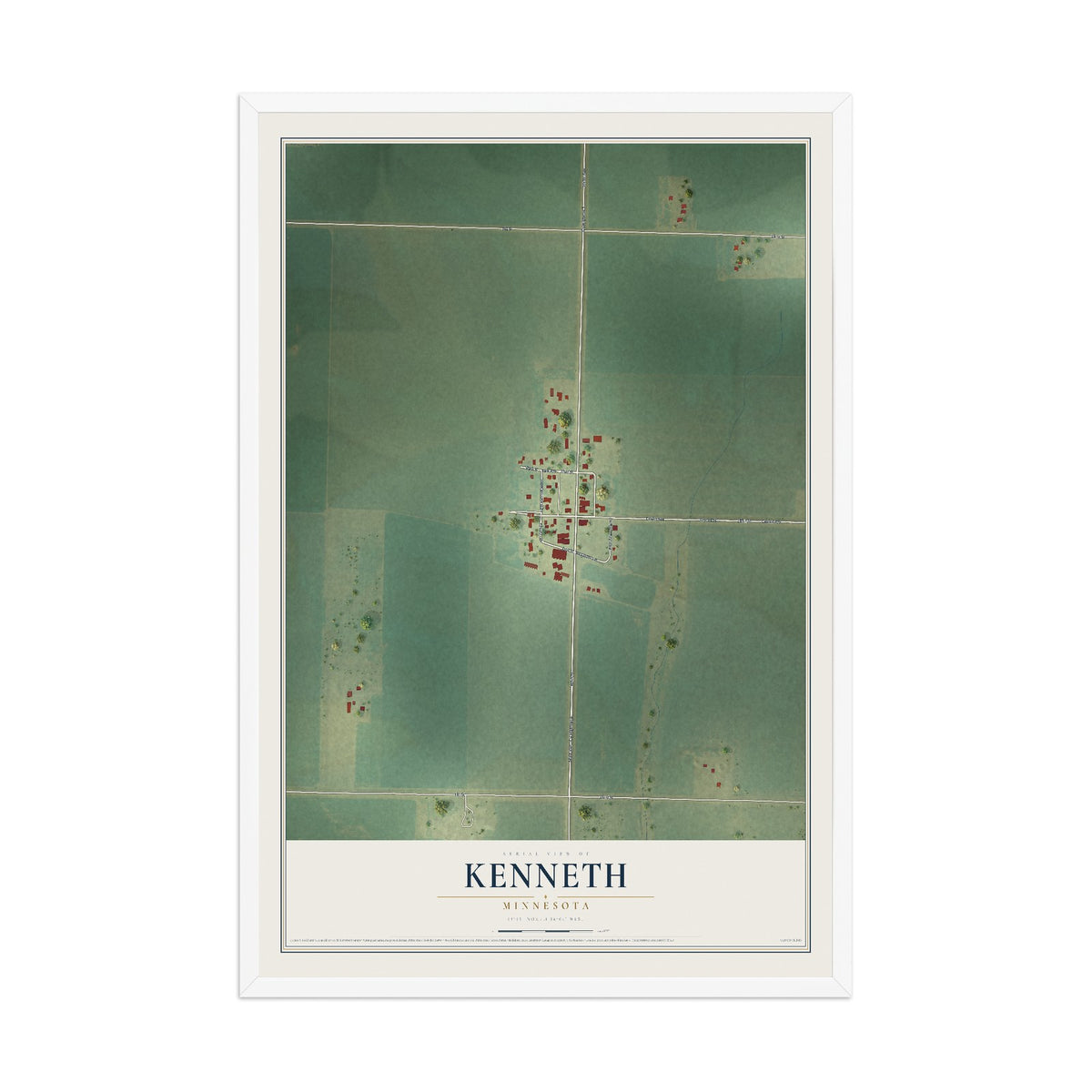 Map of Kenneth, Minnesota, 12 x 18 inch print in a white wood frame