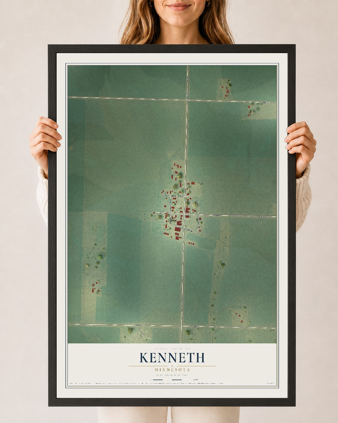 Map of Kenneth, Minnesota, 24 x 36 inch print in a black wood frame