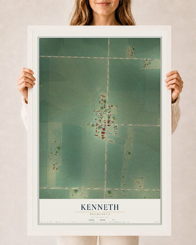 Map of Kenneth, Minnesota, 24 x 36 inch print in a white wood frame