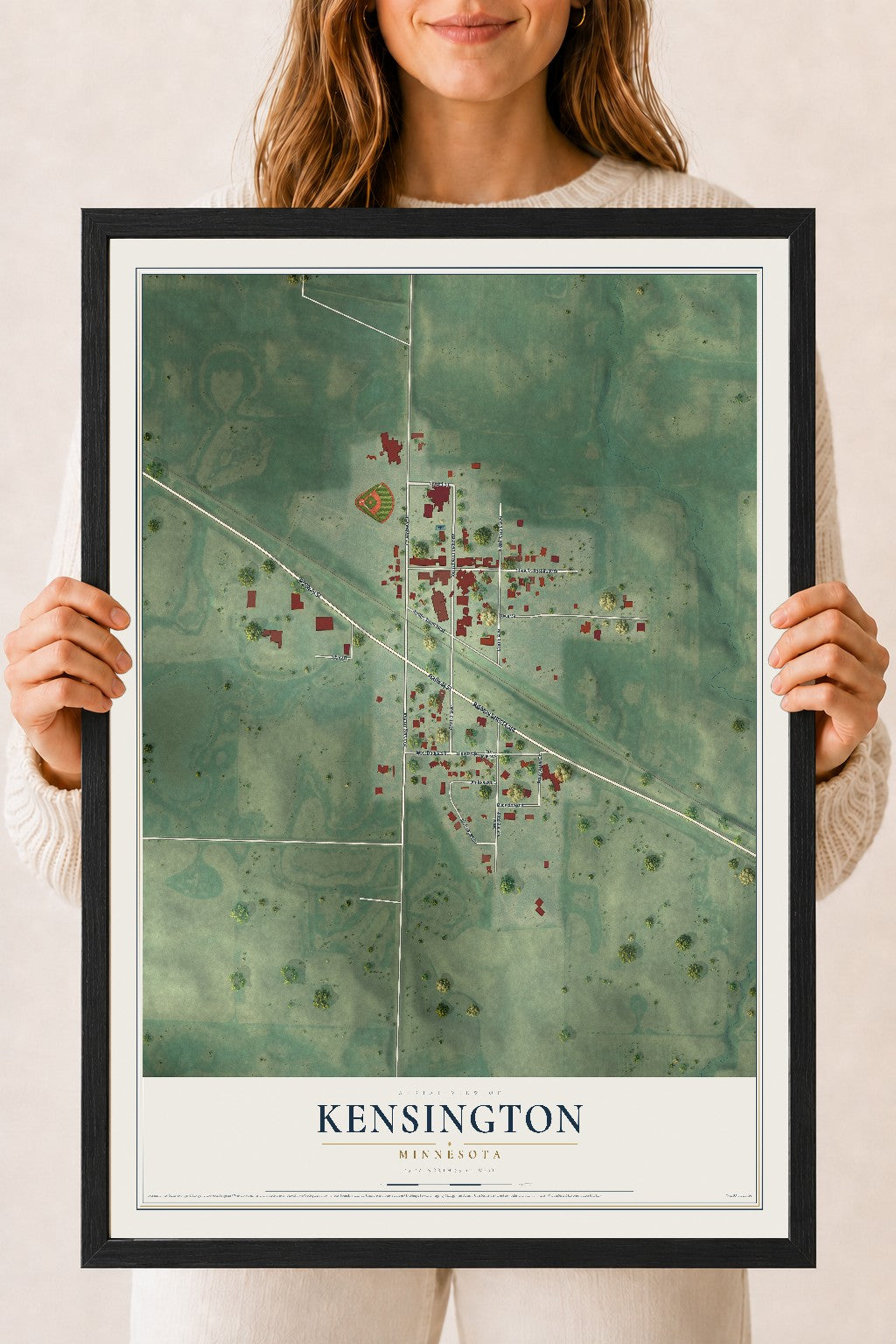 Map of Kensington, Minnesota, 18 x 24 inch print in a black wood frame