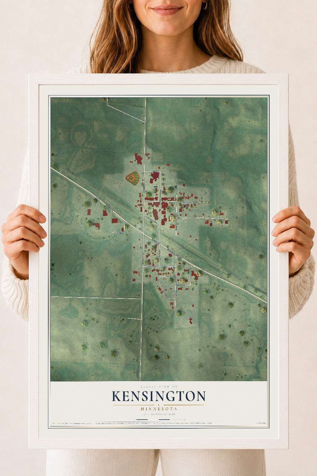 Map of Kensington, Minnesota, 18 x 24 inch print in a white wood frame