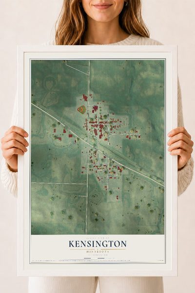 Map of Kensington, Minnesota, 18 x 24 inch print in a white wood frame