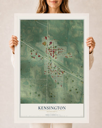Map of Kensington, Minnesota, 24 x 36 inch print in a white wood frame
