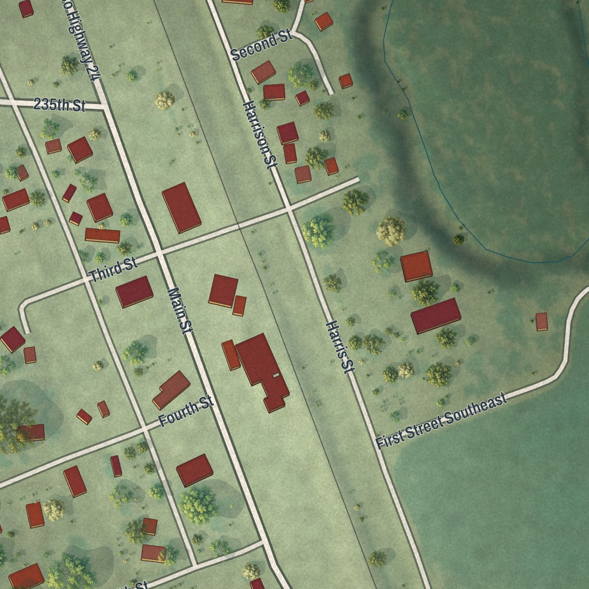 Close-up of the map of Kent, Minnesota print showing street and building detail