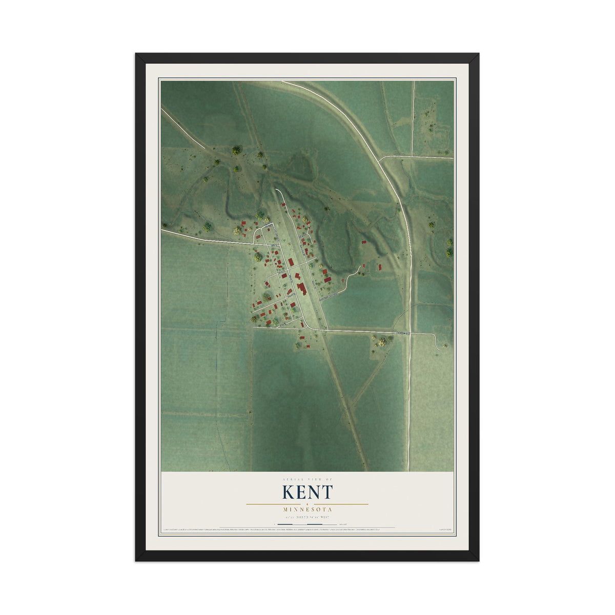 Map of Kent, Minnesota, 12 x 18 inch print in a black wood frame