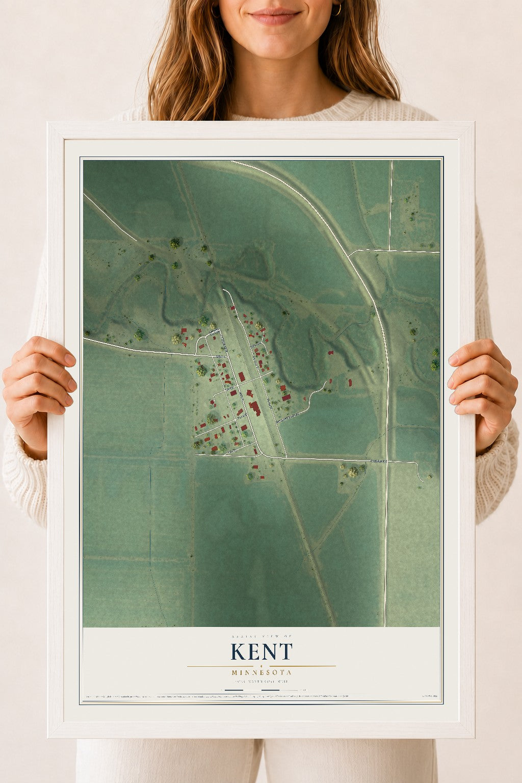 Map of Kent, Minnesota, 18 x 24 inch print in a white wood frame