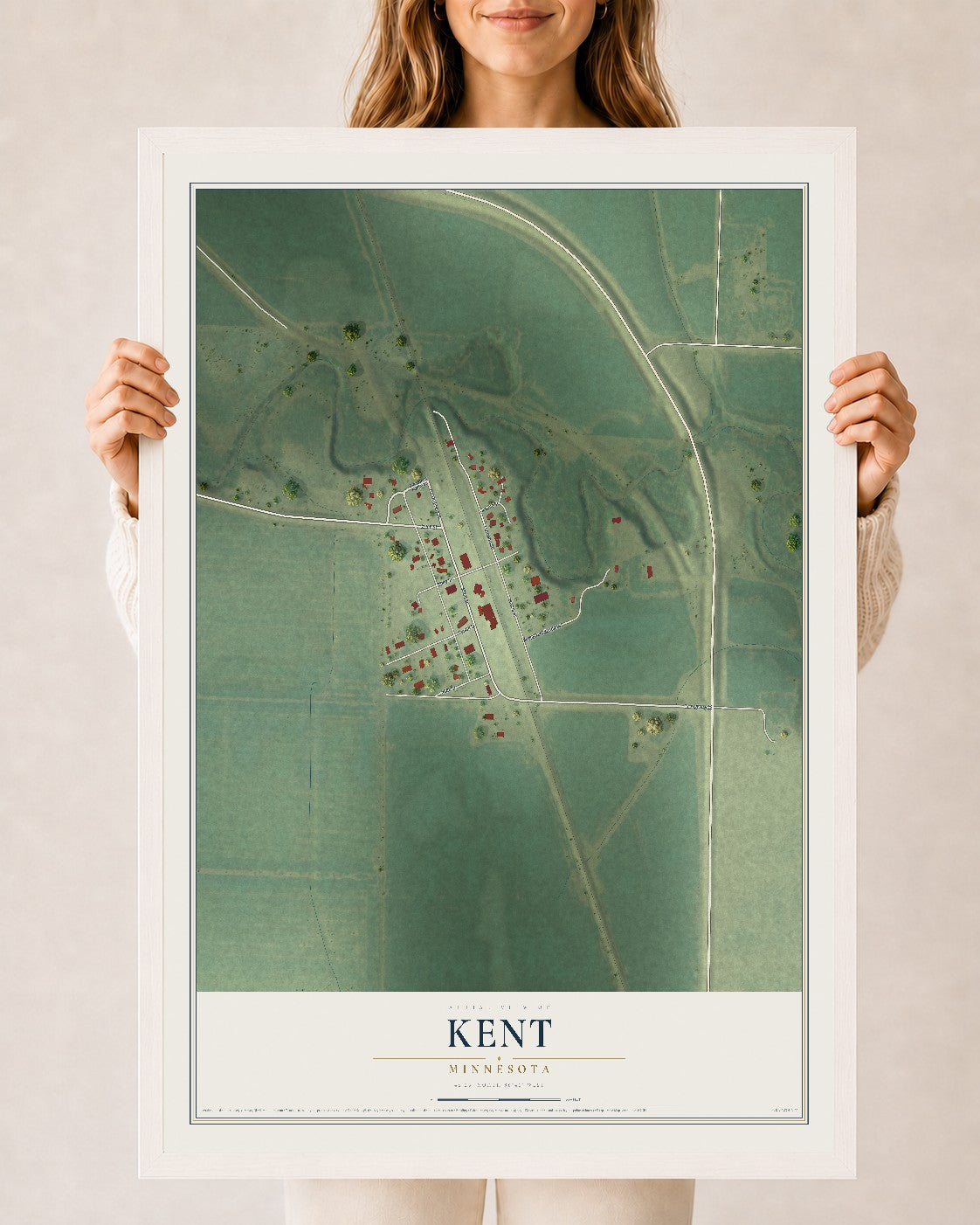 Map of Kent, Minnesota, 24 x 36 inch print in a white wood frame