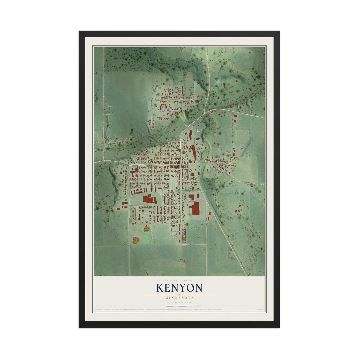 Map of Kenyon, Minnesota, 12 x 18 inch print in a black wood frame